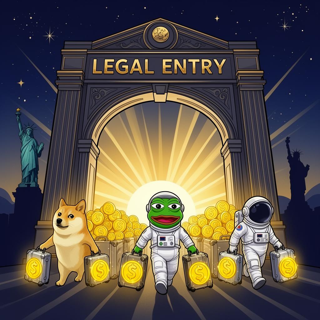 Doge, Pepe e astronauta atravessando o portão LEGAL ENTRY
